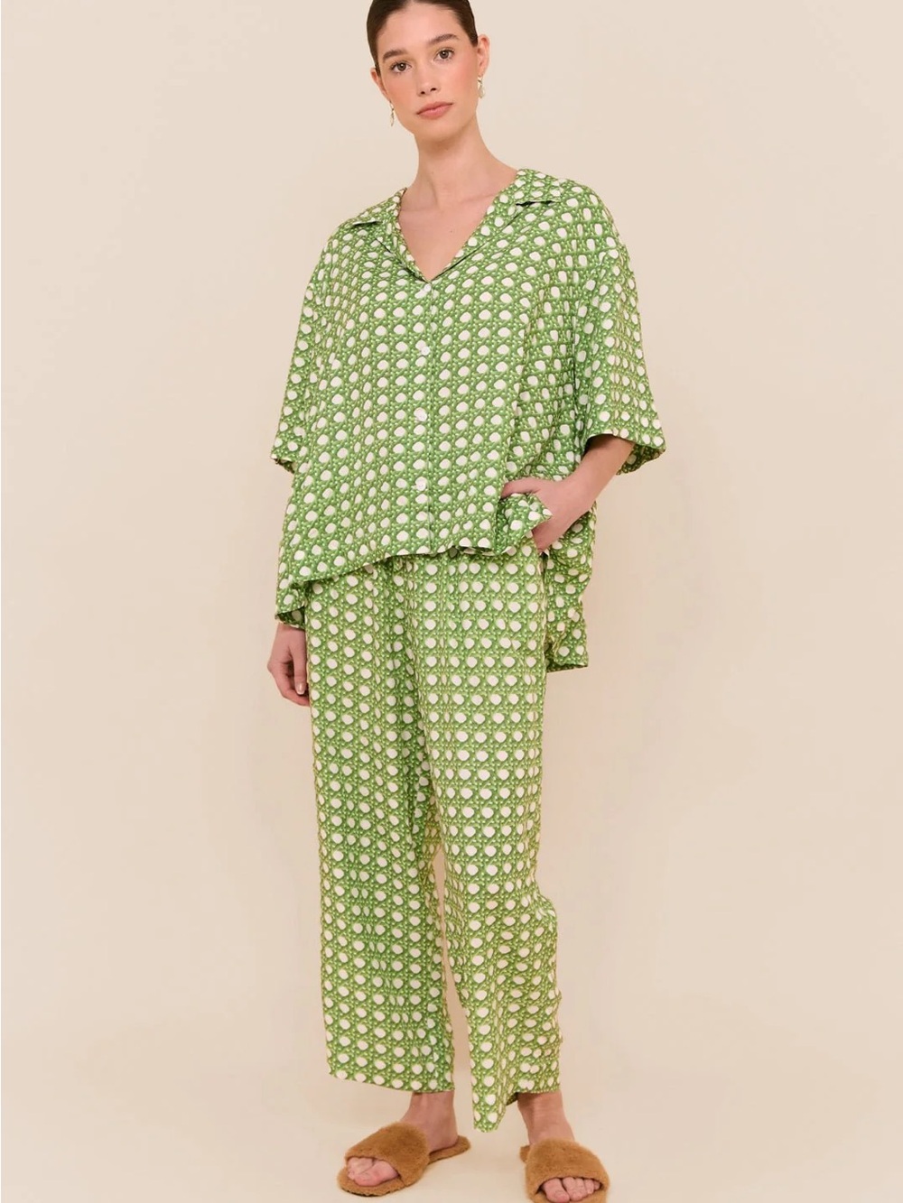 Piyama Pajamas S/M Green Printed Two-Piece Lounge Set Cropped Pants Set